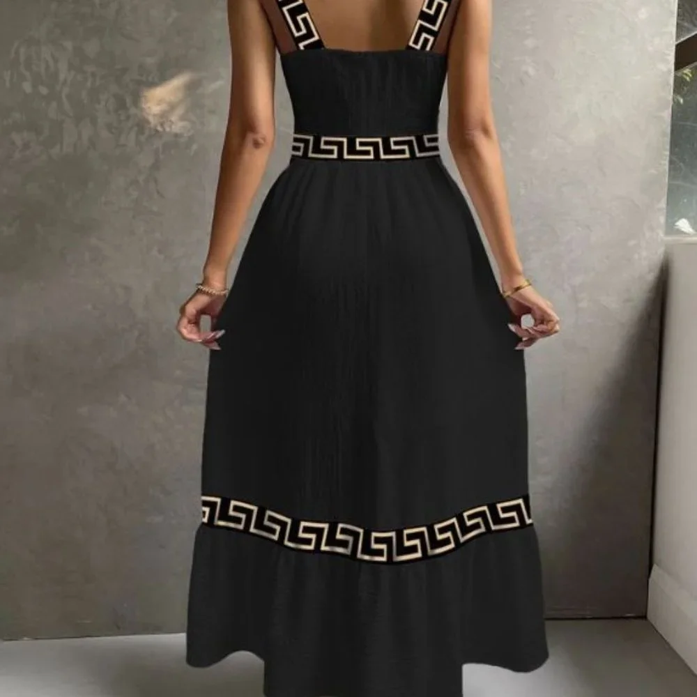 A509-NIB-Chicme BLACK & GOLD Geo Design Sleeveless BLACK Gauze Summer Maxi Dress - Picture 3 of 3
